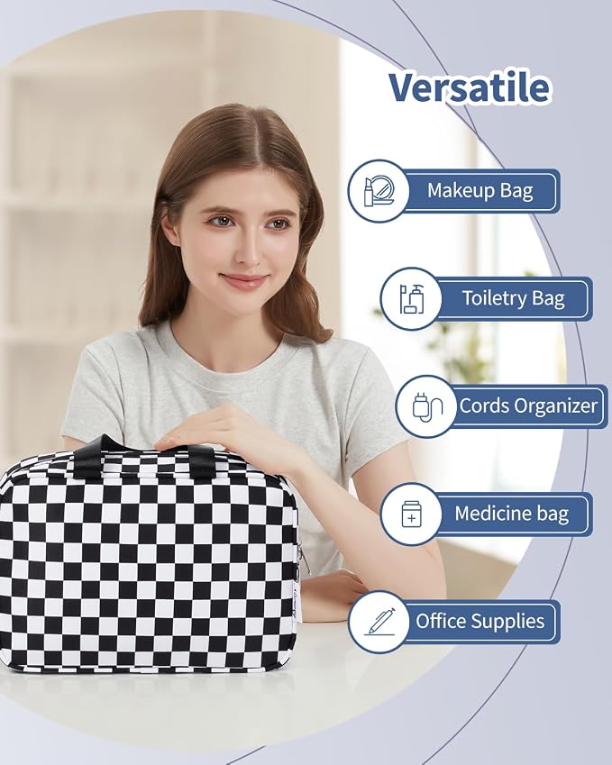Narwey Large Toiletry Bag Women Cosmetic Bag Travel Makeup Bag Organizer Medicine Bag for Toiletries Essentials Accessories (Black Checkerboard, Large)