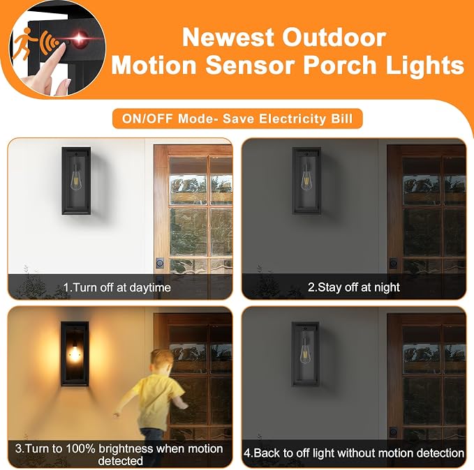 19" Motion Sensor Outdoor Wall Lights, 2 Pack Large Dusk to Dawn Outdoor Lights, 2 Lighting Modes Waterproof Anti-Rust Wall Sconces, Exterior Lighting Fixtures for Front Door, Porch, Garage