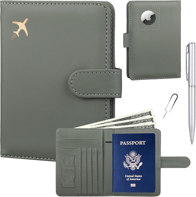 GOAUS Passport Holder for Travel with AirTag Slot, Passport Book Wallet | Cards Cash Pocket, RFID Blocking, Waterproof, Passport Case, Travel Gifts for Women Men, Faux Leather, AirTag Not Included