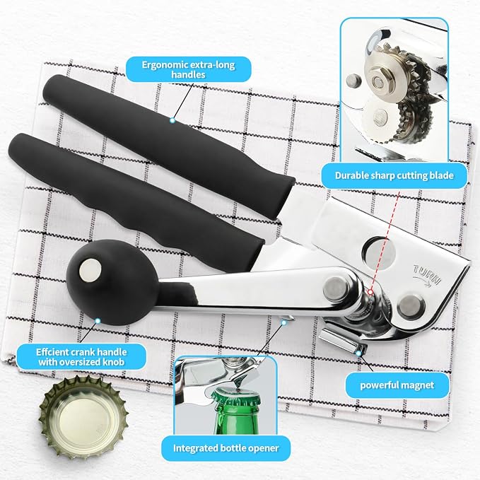 Manual Heavy Duty Crank Commercial Can Opener Cozy Long Handles | Razor Sharp Stainless Steel Cutting Wheel,Effortlessly Open Big Can,for Seniors, Arthritis, Restaurants,Home Kitchens