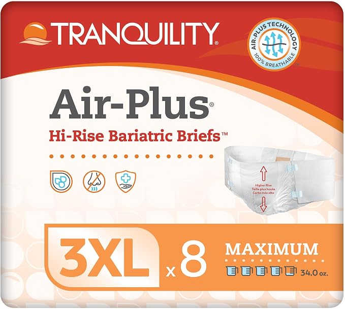 Tranquility Bariatric HI-Rise Disposable Briefs, 3X-Large, High Waistline with Peach Mat Core & Secure Kufguard Technology for Skin Integrity, Latex-Free, 34oz Capacity, 8ct Bag