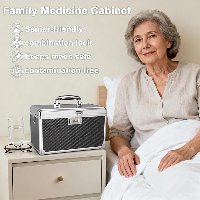 Medicine Box with Combination Lock - 13.4"x7.6"x8.2" First Aid Safe Medication Storage Case, Personal Items Safe Case for Hospital & Home & Outdoor 【Black】