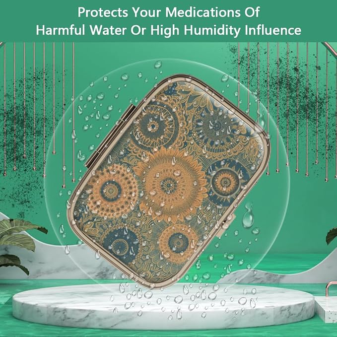 Pill Case Pill Box with Mirror Retro 2 Compartment Small Pill Case for Purse or Pocket Bronze Rectangular Pill Box or Vitamins, Fish Oil, Supplements, Pill Containe Travel Gifts（Retro Mandala）