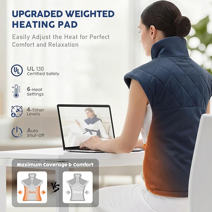 Electric Heating Pad for Neck Shoulders and Back Pain Relief, Christmas Gifts for Women Men Mom Dad Elderly, Large Weighted Neck Shoulders & Back Heat Pad, 6 Heat Settings Auto-Off, UL Certified, Gray