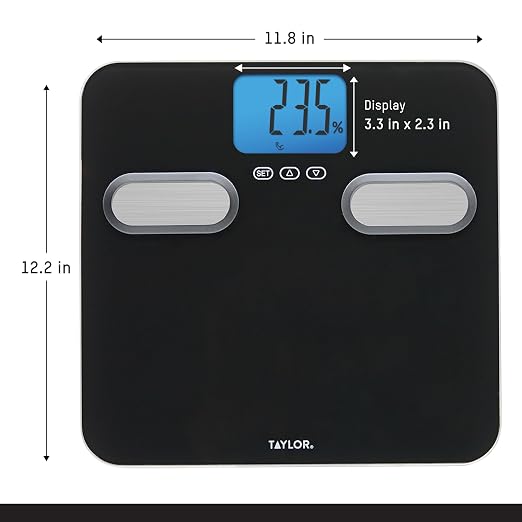 Taylor Smart Body Composition Scale with Precision Hub App, Digital Bathroom Scale for Body Weight, Body Fat, Water, Muscle Mass & BMI, 400 lb Capacity, Backlit Display, Glass Platform, Black