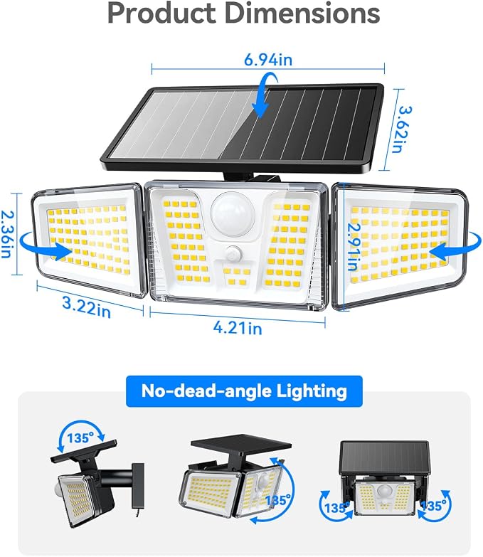 KOOPER Solar Flood Lights, 210 LED Motion Sensor Outdoor Lights, Solar Motion Lights Outdoor Waterproof, 3 Heads 300° Wide Angle Outdoor Security Lights for Yard Patio Garage Entryways, 3 Pack, Black