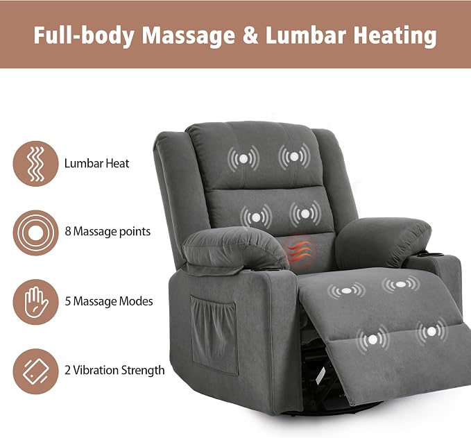 Ketaiyou Swivel Rocker Recliner Chair for Adults with Massage and Heat, Cup Holders and Side Pockets, Glider Rocking Reclining Single Sofa Chair for Living Room (Grey2)