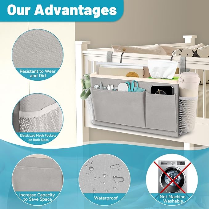 BlissTotes Bedside Caddy, Dorm Storage with Pockets, Bunk Bed Accessories | Hanging Bed Storage Organizer with Hooks, Bedside Shelf Bag, Magazine Holder for Home, College, Hospital (Light Grey, 2 Pack)