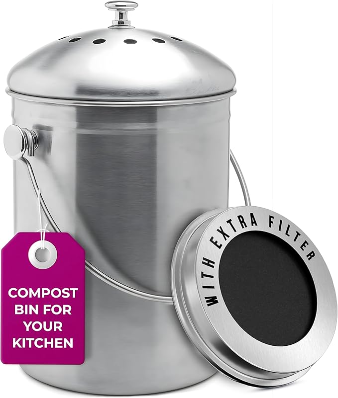 Epica Kitchen Compost Bin for Kicthen Countertops, 1.3 Galllon - Silver | Stainless Steel, Rust- Resistant, Resistant to Leaks, Replaceable Charcoal Filter for Odorless Composting