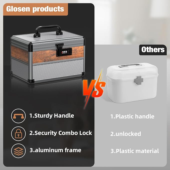 Glosen security lock box with code medicine lock box for Personal Items (Size Small 10inch-Black) Lockable Dorm Storage Trunk with code Lock,Briefcase