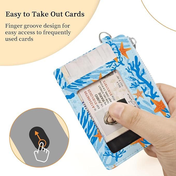 Hancynir Ocean Sea Starfish Slim Wallet Women Credit Card Holder RFID Small | Zipper Pocket Wallet, Thin Travel Coin Purse, Ladies Women Gifts, Minimalist Card Case, 6 Card Slots, ID Window, PU Leather