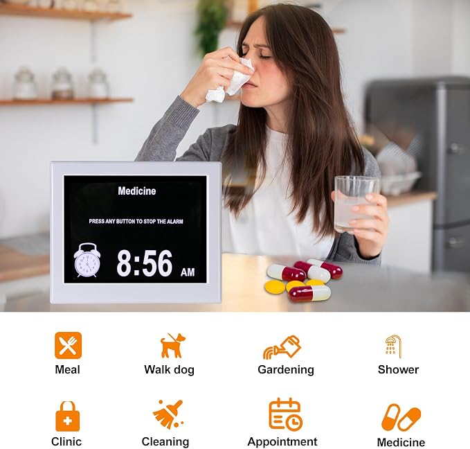 Day Date Time Clock for Seniors Elderly Digital Calendar Dementia Impaired Vision Memory Loss Clock with 3 Medication Reminders + 5 Custom Reminders(White,8-inch)