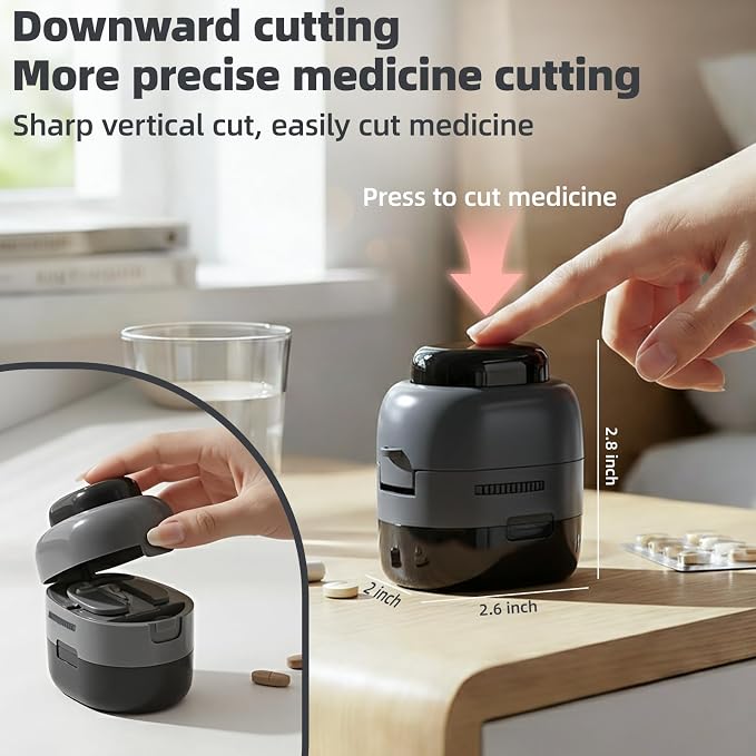 Pill Cutter Splitter with Storage Box, Adjustable Vertical Press Pill Splitter for Small/Tiny Pills Vitamins Tablets, 1/2 & 1/4 Precise Cutting, Hidden Sharp Blade, Multi-Pill Cutting Design (Black)