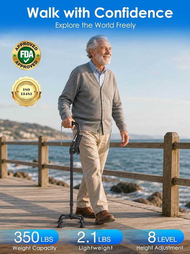 WHLICKS Quad Cane for Stability, Adjustable Walking Cane for Women & Men with A Large 4 Pronged Base for Balance, 350lbs Heavy Duty Cane with 4 Legs & Second Handle, Walking Sticks for Seniors