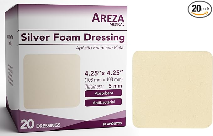 Areza Medical - Silver Foam Wound Dressing Pad - Sterile - 4.25" X 4.25" (10.8 cm X 10.8 cm) - 20 PCS per Box