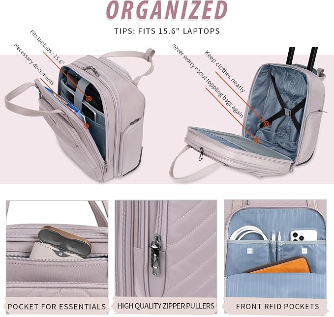 VANKEAN Carry On Underseat 16-inch Multi-functional Underseater Lightweight Overnight Suitcase with Wheels, Roller Case for Women Travel Business, Light Dusty Pink
