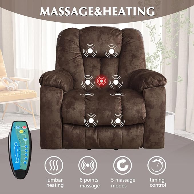 Power Lift Recliner Chair with Massage and Heat for Elderly, Overstuffed Wide Recliners, Heavy Duty and Safety Motion Reclining Mechanism with USB Ports, 2 Concealed Cup Holders, Chocolate