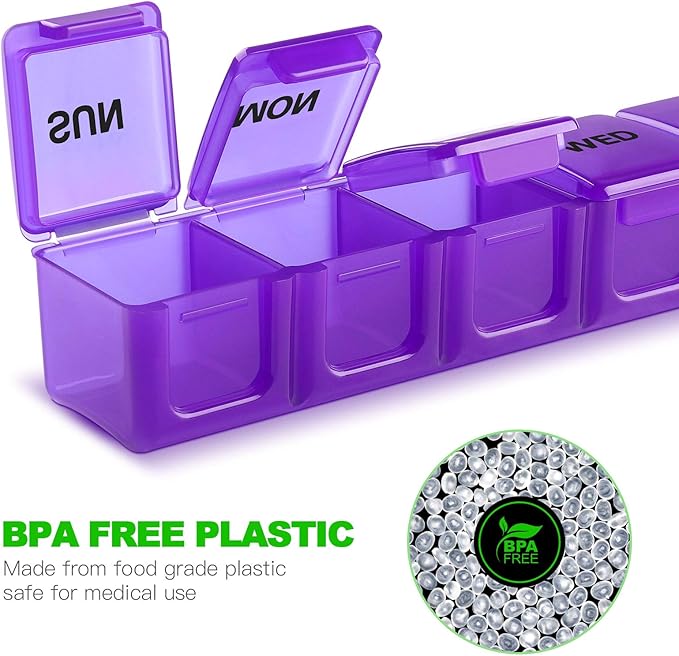 Pill Organizer 2P Purple XL Extra Large Weekly and Daily Pill Cases for Pills/Vitamin/Fish Oil/Supplements - 2P