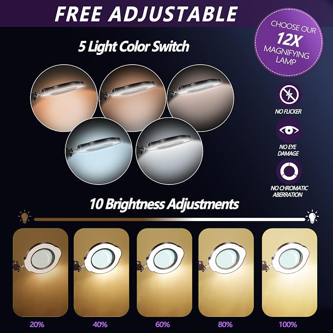 12X Magnifying Glass with Light and Stand, 5 Color Modes 10 Stepless Dimmable, Real Glass 84 LED Lighted Magnifying Glass with Swing Arm, Magnifying Lamp for Crafts Reading Painting Sewing Close Work