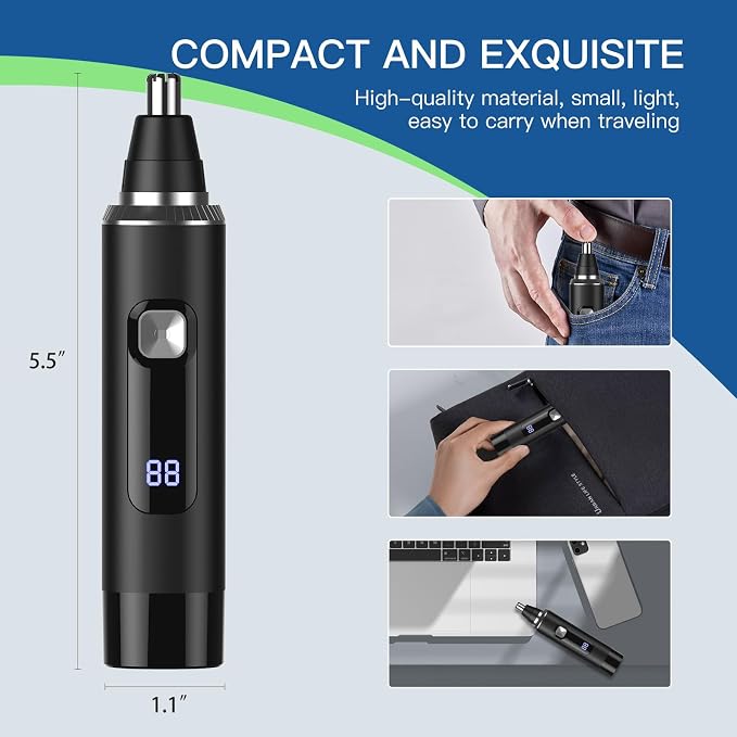 Ginity Nose Hair Trimmer for Men, 2-in-1 Rechargeable Ear and Nose Hair Trimmer with LED Display, IPX7 Waterproof Painless Precision Groomer, Type-C Charging, Professional Dual-Edge Blades（Black）