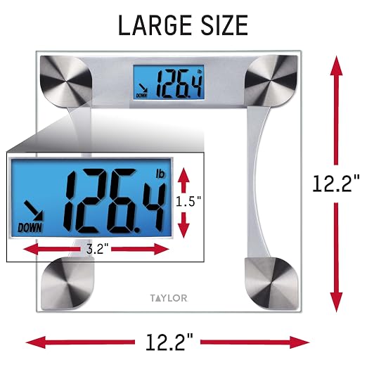 Taylor Digital Bathroom Scale with Glass Platform and Blue Backlit Display - Body Weight Scale, 440 lb Capacity, 2-User Weight Tracking, 12.2 in Platform, Clear