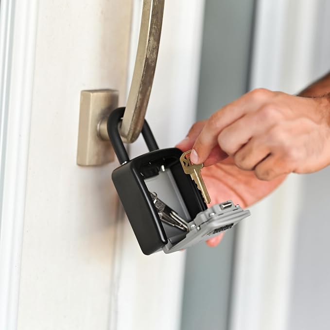 Iron Lock® Small Portable Key Lock Box with Code, U-Shackle (Small, Grey) | U-shackle opens fully out to loop over a handle, gate, latch or rail; rolling combination dials, no app, no battery