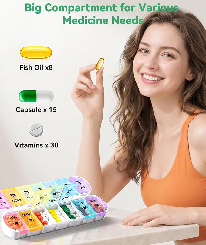 Foldable Weekly Pill Organizer 2 Times a Day - Magnetic Moisture-Proof 7 Day Pill Box AM PM, Portable Travel Medicine Organizer with Removable Lids for Vitamins, Supplements and Fish Oils (Multicolor)