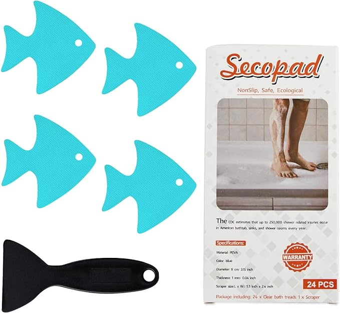 Bathtub Stickers Non-Slip, 24 PCS Safety Shower Treads Adhesive Appliques with Premium Scraper (Blue)