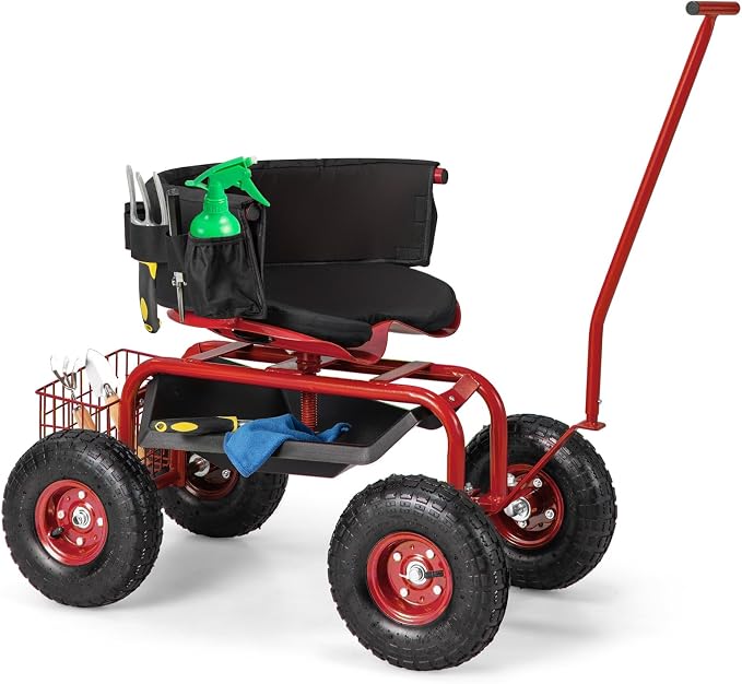 Goplus Rolling Garden Seat with Wheels, Outdoor Garden Cart with 360° Swivel Seat & Tool Storage, 2 Steering Handles, Gardening Stool Wagon Scooter, Lawn, Patio Gardening Workseat for Seniors