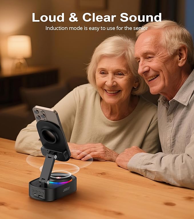 Jorest Wireless Induction Speaker with Phone Stand,Valentine's Gifts for Older Men Women Teenage Boy,Bluetooth Speakers with Desk Cell Holder, Foldable with iPhone/Ipad,Birthday Gift for Dad Father