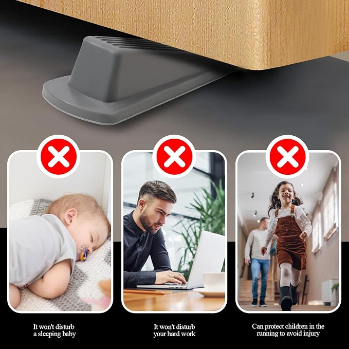 4 Pack Door Stoppers for Bottom of Door, Gray 4.8x2.2x1.3in Door Stops, Rubber Door Stopper Wedge, Sturdy Stackable Door Stops for Floor