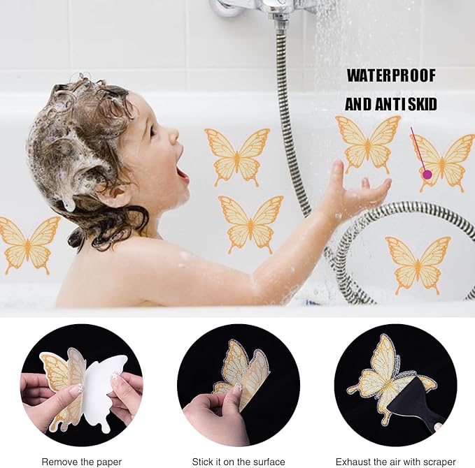 20 PCS Non Slip Bathtub Stickers, Adhesive Butterfly Anti Slip Decal Treads for Shower and Bath Tub with Premium Scraper (Gold)