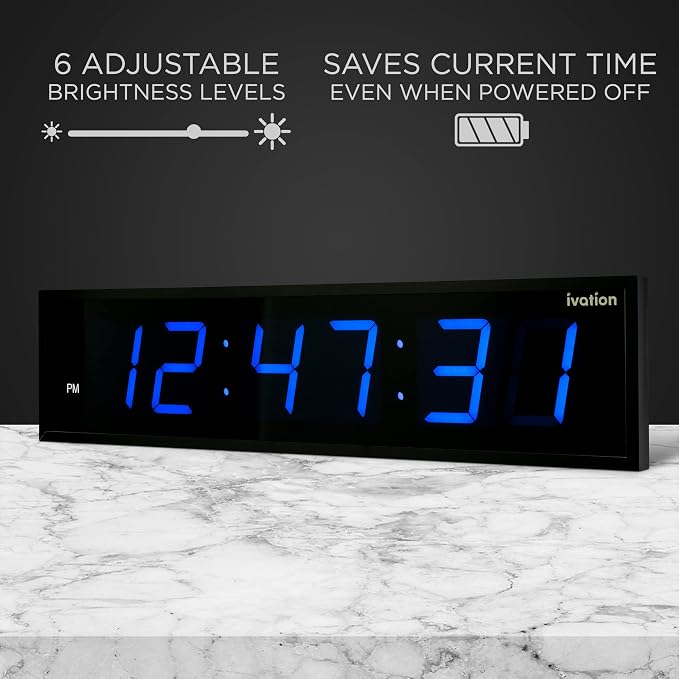 Ivation Huge Oversized 72" Large Digital LED Clock | Big Digital Clock w/Multi-Function Display – Stopwatch, Timer, Alarms, Temp & Date | 6 Brightness Levels, Time Memory & Remote (Blue)