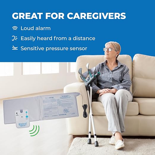 Patient Aid Chair Alarm with 10" x 15" Motion Sensor Pad and Wired Ring Device, Various Chime Sound and Mounting Options, AC Adapter and Battery Powered Wandering and Fall Prevention for Elderly