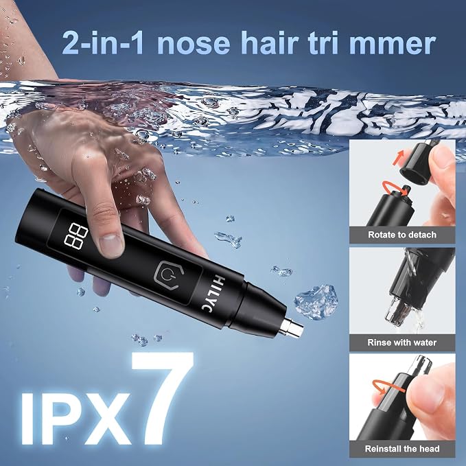 Professional Nose Hair Trimmer, LED Display, USB Rechargeable, Waterproof Double-Edge Blade for Men, Women, IPX7 Rated (Flat)