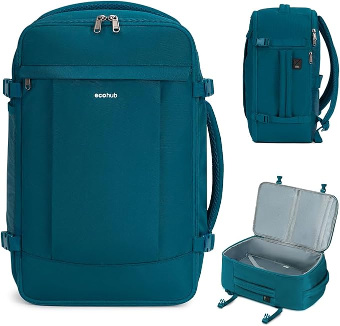 ECOHUB 17'' Small Travel Backpack, United Airlines Personal Item Bag 16.9"x10"x7.5" Carry on Backpack with USB Port Luggage Sleeve Travel Essentials for Men Women Water Resistant, Teal