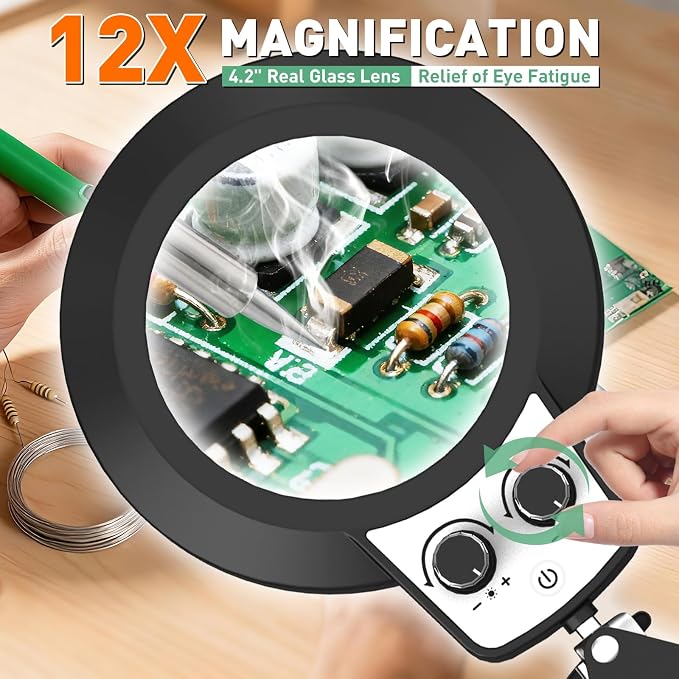 12X Magnifying Glass with Light with Clamp, 35in Extended Long Arm | Overhead Dual Knob Magnifier Lamp 4.2in Real Glass, Adjustable Color Brightness, For Workbench, Craft, Repair, Close Work