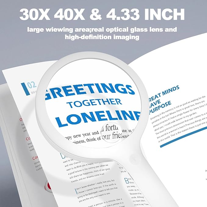 30X 40X Charge Magnifying Glass with Light, NUEYiO 4.33Inch Large Handheld Magnifying Glass 20 Daylight LEDs, Third Gear Dimming Lighted Magnifier for Seniors Reading Inspection Coin Jewelry- White