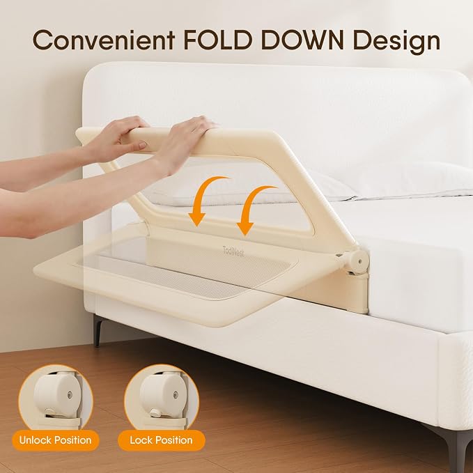 Bed Rail for Toddlers, 47 Inch Foldable Baby Guard | 47 in foldable toddler rail with reinforced anchors, no-gap mattress fit, double lock, washable fabric for King|Queen