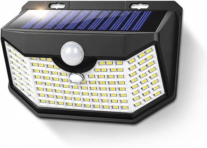 HMCITY 120 LED Solar Lights Outdoor with Motion Sensor and 3 Lighting Modes, IP65 Waterproof Wide Solar Wall Lights Ideal for Garden Patio Yard (Front Button 1Pack, Black Shell-Daylight White)