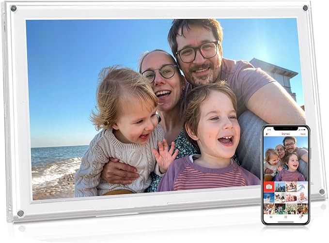 Frameo Digital Picture Frame,15.6'' WiFi Slim Acrylic Smart Cloud Electronic Photo Frame, HD IPS Touch Screen Slideshow, 32GB Storage, Share Photos/Videos via App (Size: 15.51X9.7Inch)