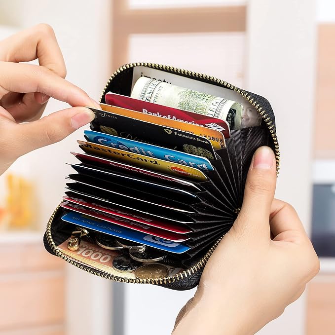imeetu RFID Credit Card Holder, Small Card Wallet Women, Leather Card Case | Genuine Leather Women's Card & id Cases, Change Coin Purse with Zipper Keychain id Window, 20 Colors & 3 Styles, Daily, Gifts
