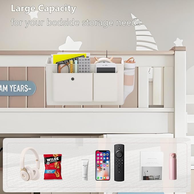 Bedside Caddy Bedside Storage Hanging Organizer for Bunk Dorm Bed Rail | Bed Caddy with Hooks, Top Bunks and Dorm Essentials for Water, Tissues, Tablets, Books, Phones, Remotes and Other Necessories