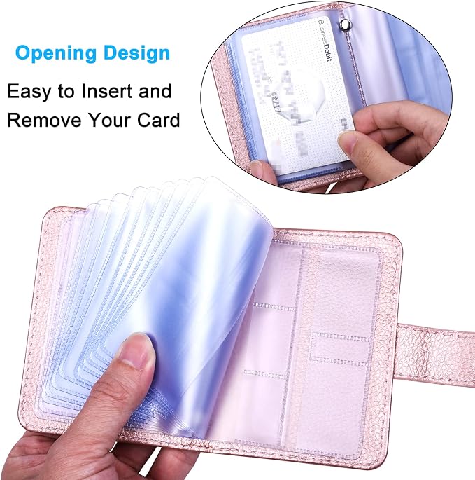 Wisdompro Credit Card Holder, RFID Blocking Wallet Debit Card Protector | Slim Leather Credit Card Organizer Case, Card Case with Magnetic Closure, 20 Card & 7 Memory Card Slots - Vertical Rose Gold