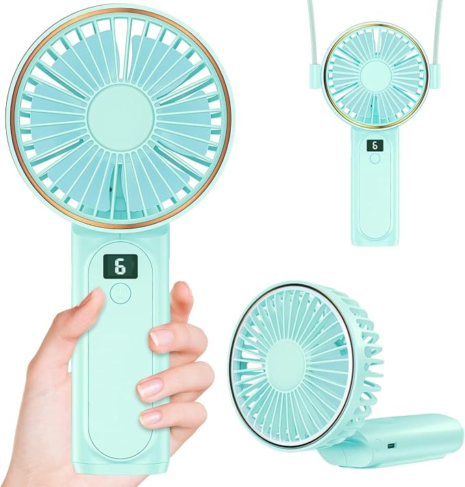Peiyuu Portable Fan, 4000mAh USB Rechargeable, 180° Foldable Mini Desk Fan with 6 Wind Speed, LCD Digital Display, Lanyard as Neck Fan, Ultra Quiet