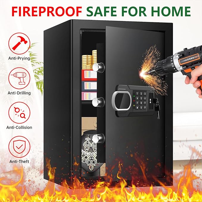 3.4 Cuft Large Home Safes Water and Fireproof with Digital Keypad & Key Lock, Security Safes for Home with DIY Removable Shelf, Anti-Pry Safe Box for Money Documents Jewelry, 19.69"H x13.78"W x 12.2"D