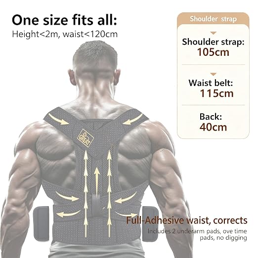 LifeLove Adjustable Posture Support Brace for Upper Back & Shoulders, Fits Height Under 200cm & Waist Under 120cm (Shoulder 105cm, Waist 115cm, Back 40cm), One Size (Black White, One Size Fits Most)
