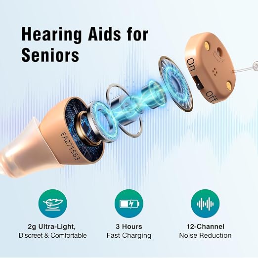 Rechargeable Hearing Aids for Seniors, Comfortable & Discreet CIC Design Hearing Amplifier, 12-Channel Digital with Noise Cancellation, Beige