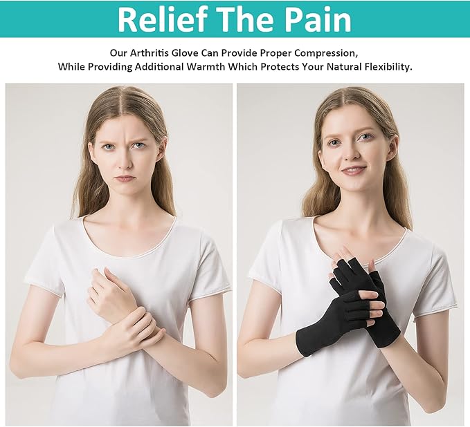 2 Pairs Arthritis Gloves Fingerless Compression Gloves for Relieve Hand Pain, Rheumatoid, Osteoarthritis, Tendonitis, Carpal Tunnel for Women and Men to Daily Work (Black, Small)