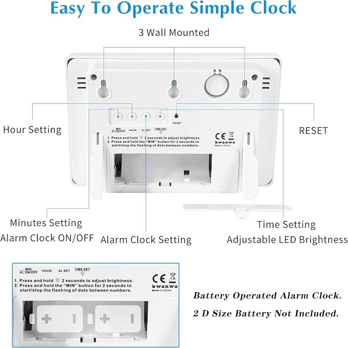 KWANWA Large Digital Alarm Clock, 3" LED Display Battery Operated, Dimmable Auto Night Mode, Easy to Read for Seniors Visually Impaired, Cordless Wall Clock or Table Clock for Bedroom Kitchen Office